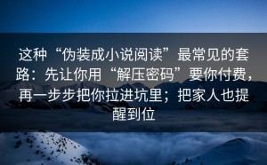 这种“伪装成小说阅读”最常见的套路：先让你用“解压密码”要你付费，再一步步把你拉进坑里；把家人也提醒到位