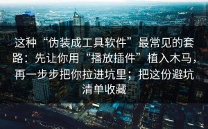 这种“伪装成工具软件”最常见的套路：先让你用“播放插件”植入木马，再一步步把你拉进坑里；把这份避坑清单收藏