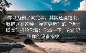 你以为删了就完事，其实还没结束，我把这类这种“弹窗更新”的“话术脚本”拆给你看：你点一下，它能记住你的设备指纹